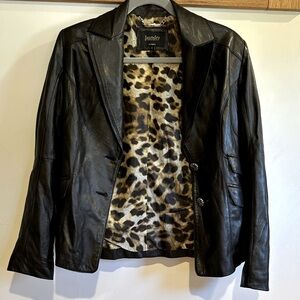 Laundry By Shelli Segal Women's Black Leather Jacket with Leopard Lining